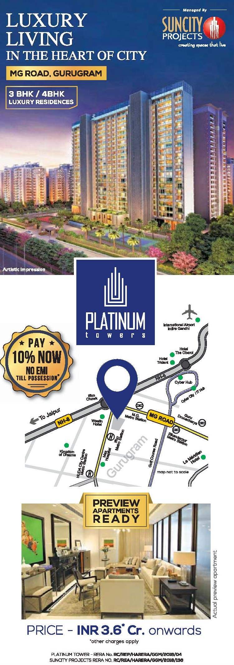 Pay 10% now & no EMI till possession at Suncity Platinum Towers in MG Road, Gurgaon